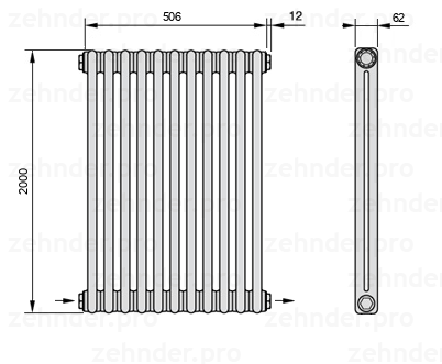 Схема (чертеж) Радиатор Zehnder Charleston 2200/11 №2670 Белый глянцевый RAL 9016